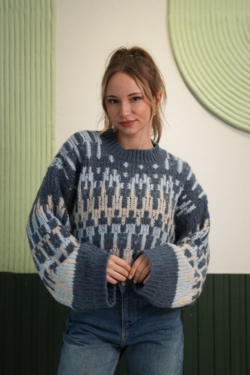 Kadın Mavi Desenli Oversize Örgü Kazak