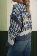 Kadın Mavi Desenli Oversize Örgü Kazak