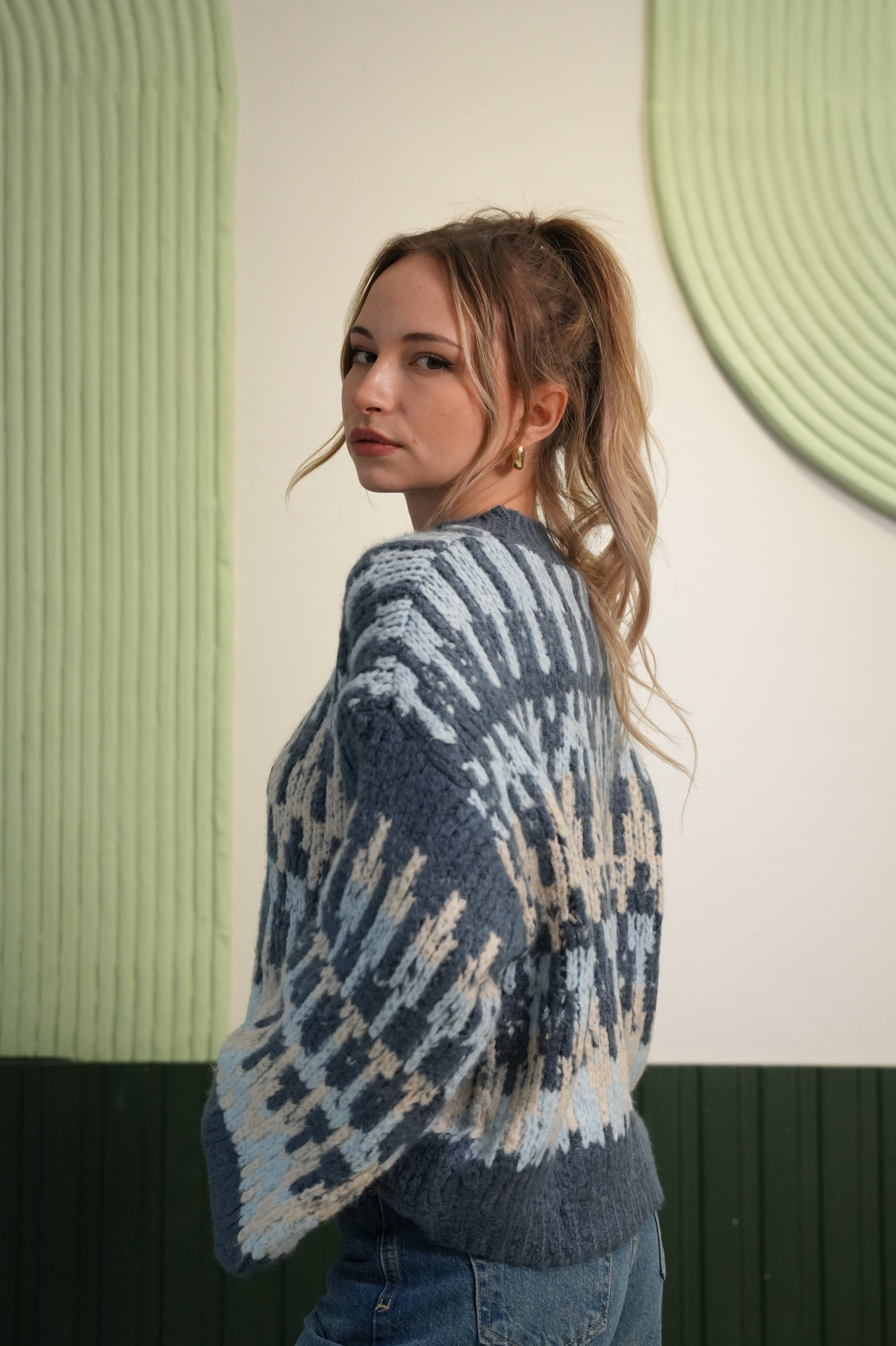 Kadın Mavi Desenli Oversize Örgü Kazak