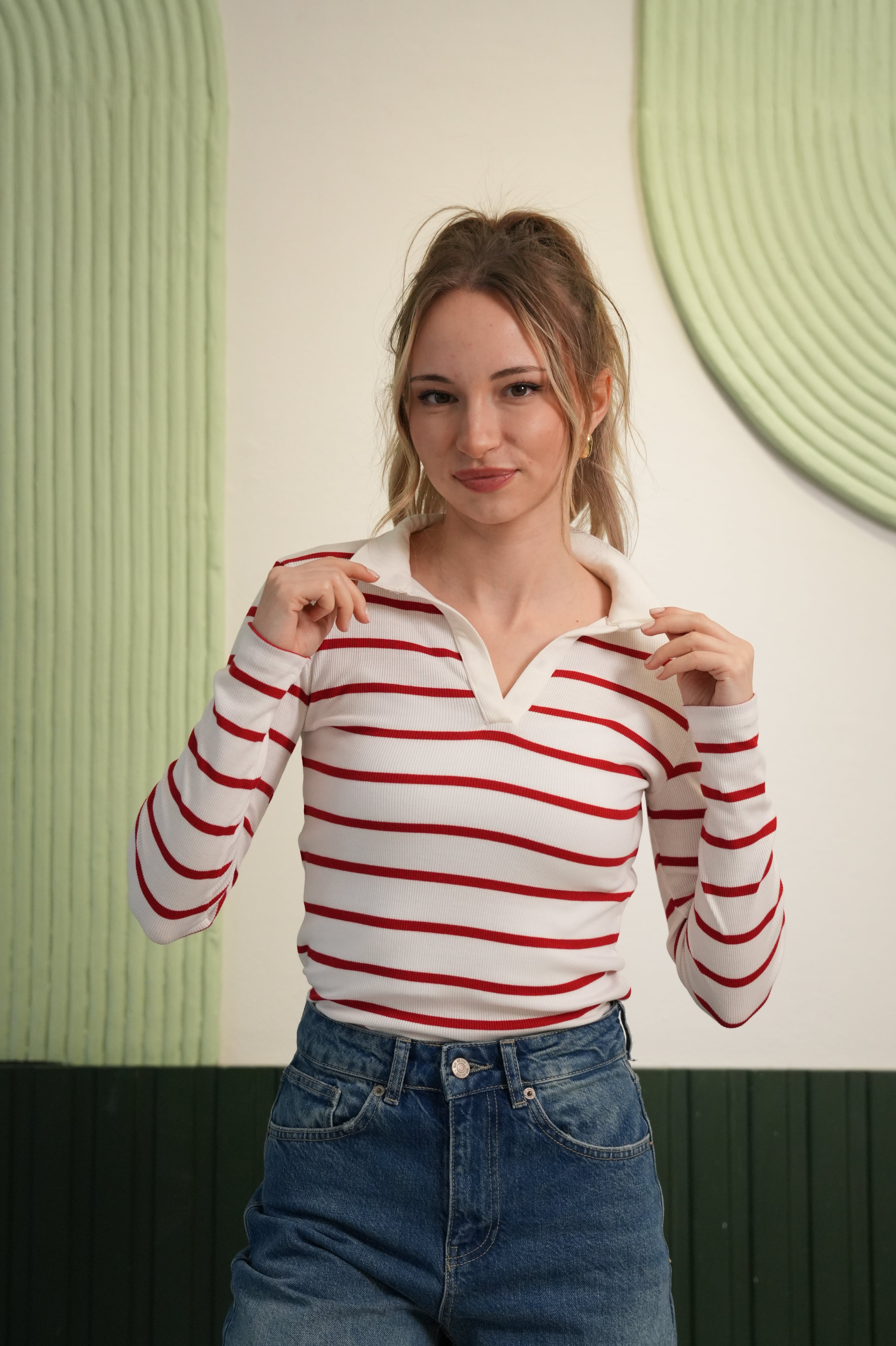 Polo Yaka Yatay Çizgili Dar Kesim Fitilli Bluz - Kırmızı/Beyaz