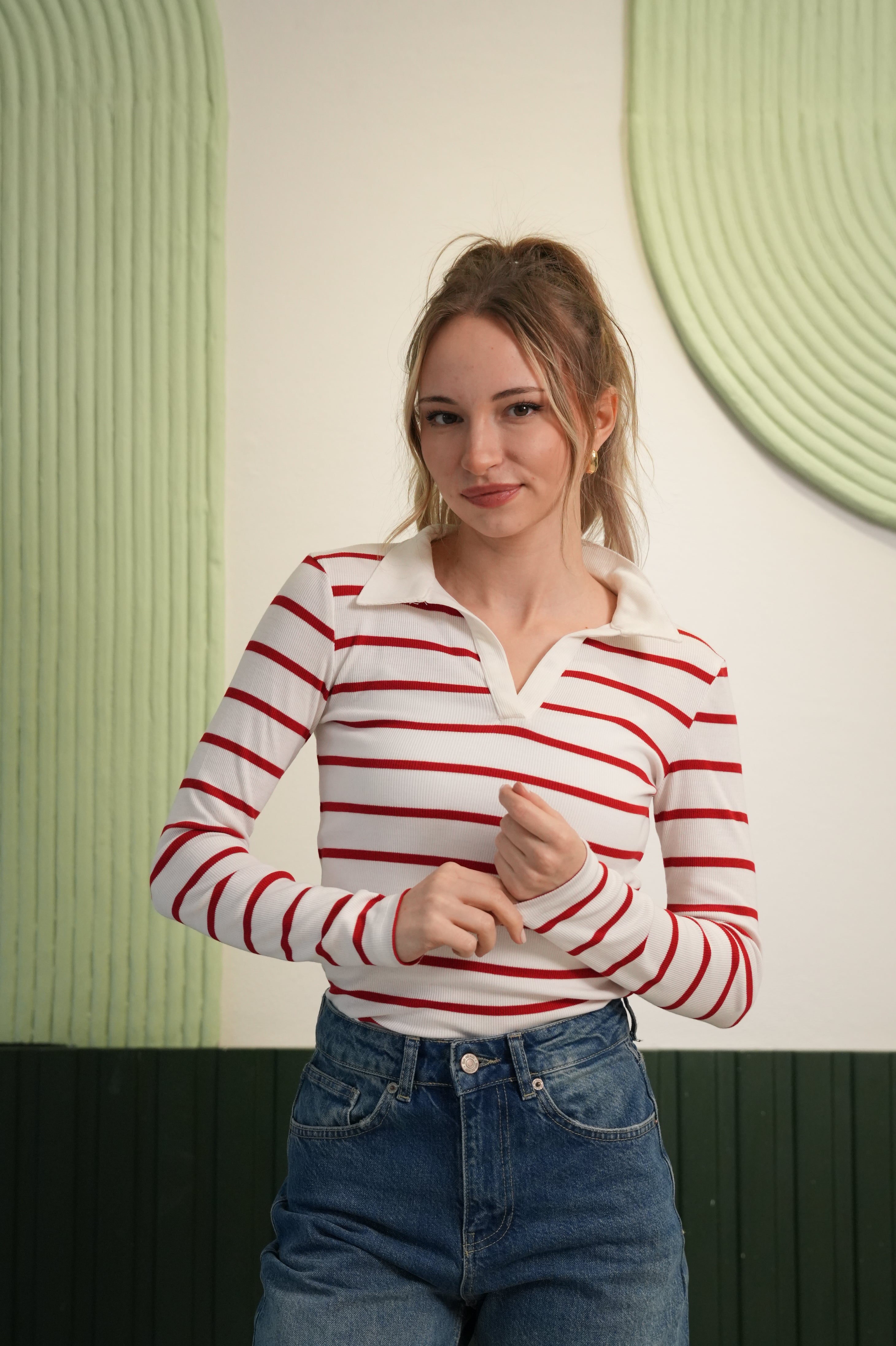 Polo Yaka Yatay Çizgili Dar Kesim Fitilli Bluz - Kırmızı/Beyaz