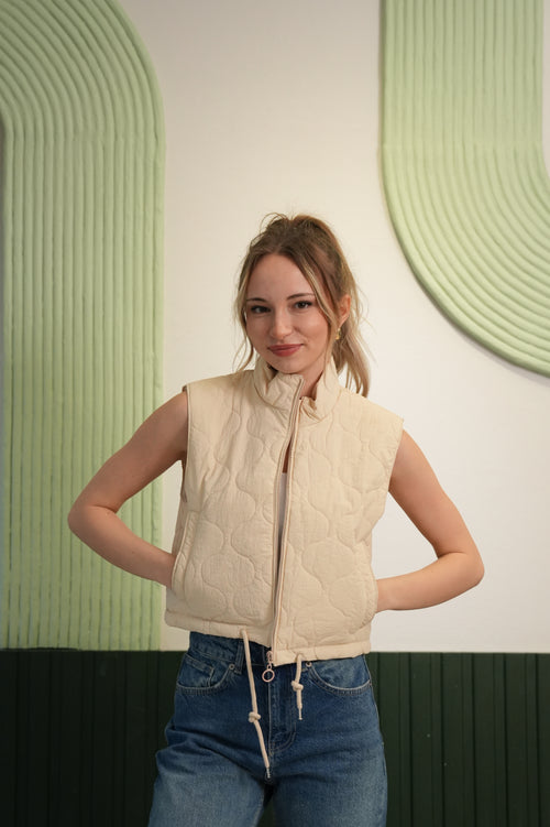 Dik Yaka Kapitoneli Crop Şişme Yelek - Krem