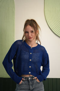 Metal Düğme Detaylı Delikli Crop Triko Hırka - Saks Mavi