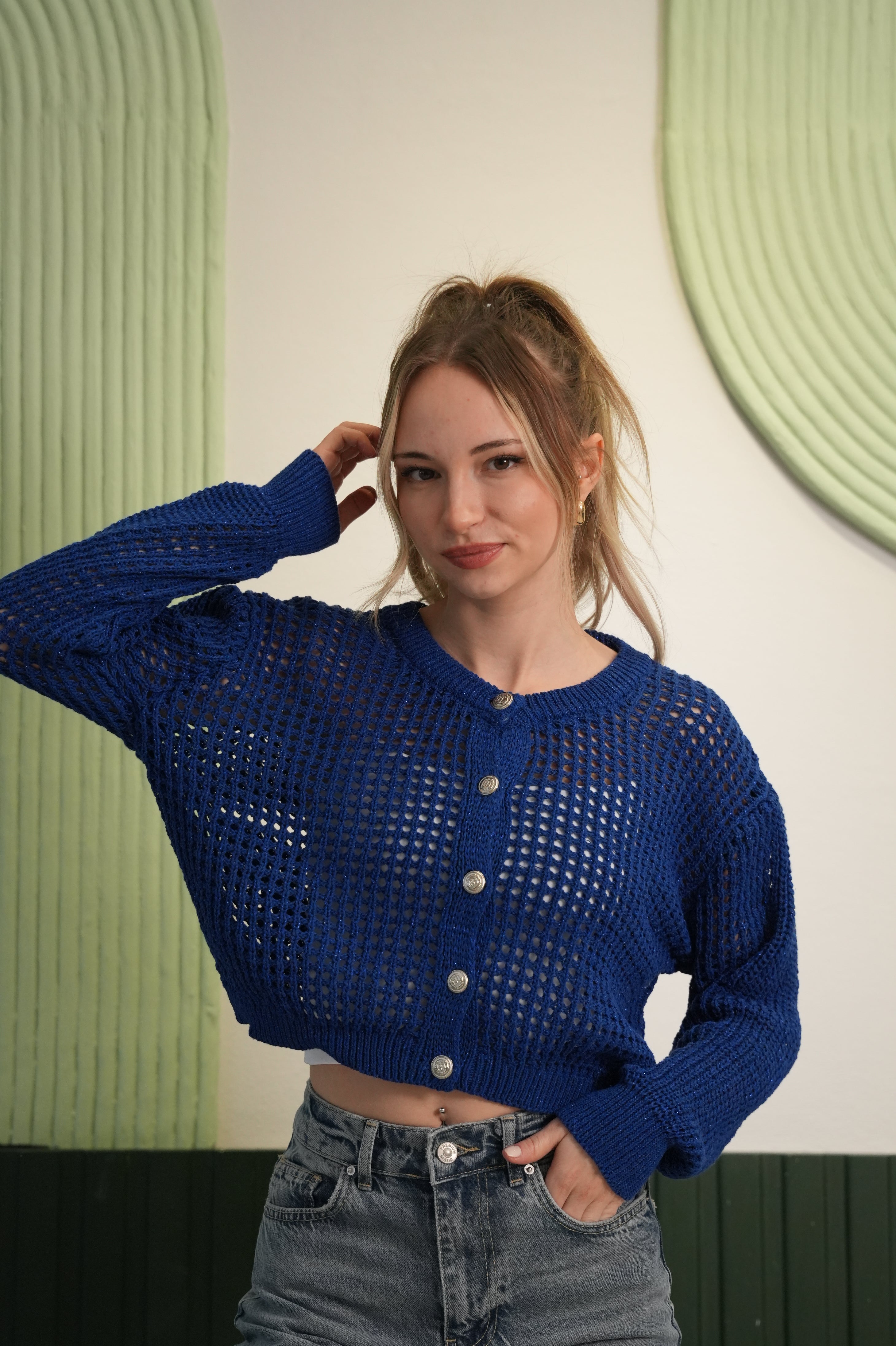 Metal Düğme Detaylı Delikli Crop Triko Hırka - Saks Mavi