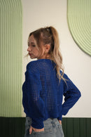 Metal Düğme Detaylı Delikli Crop Triko Hırka - Saks Mavi