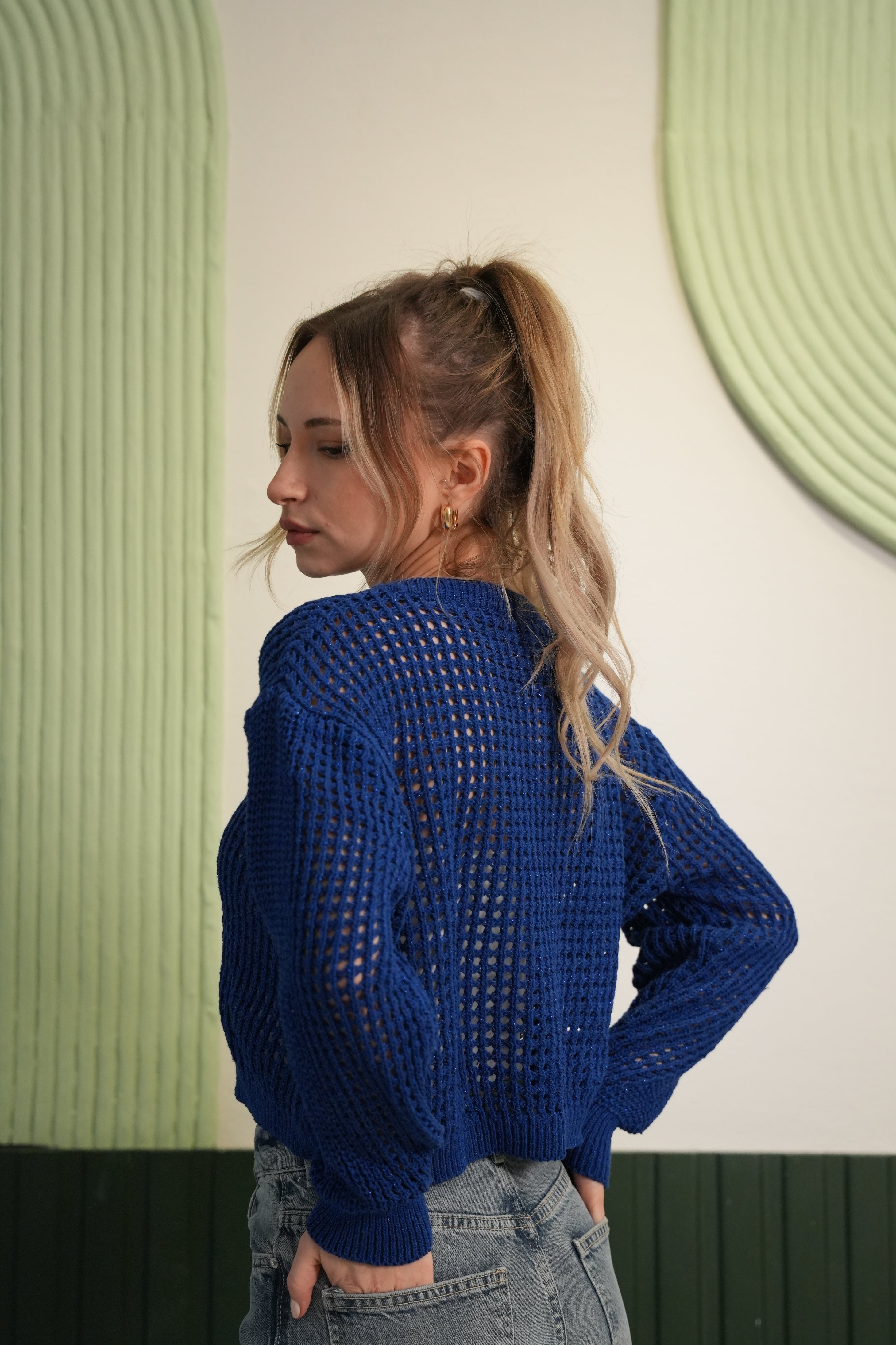 Metal Düğme Detaylı Delikli Crop Triko Hırka - Saks Mavi