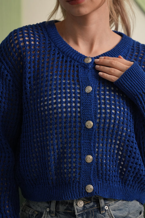 Metal Düğme Detaylı Delikli Crop Triko Hırka - Saks Mavi