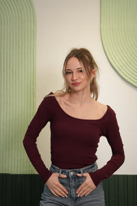Derin Yaka Uzun Kollu Basic Bluz – Bordo