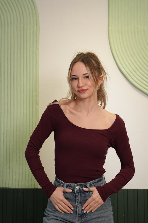 Derin Yaka Uzun Kollu Basic Bluz – Bordo