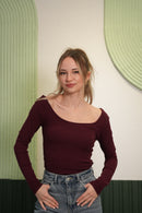 Derin Yaka Uzun Kollu Basic Bluz – Bordo