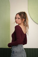 Derin Yaka Uzun Kollu Basic Bluz – Bordo