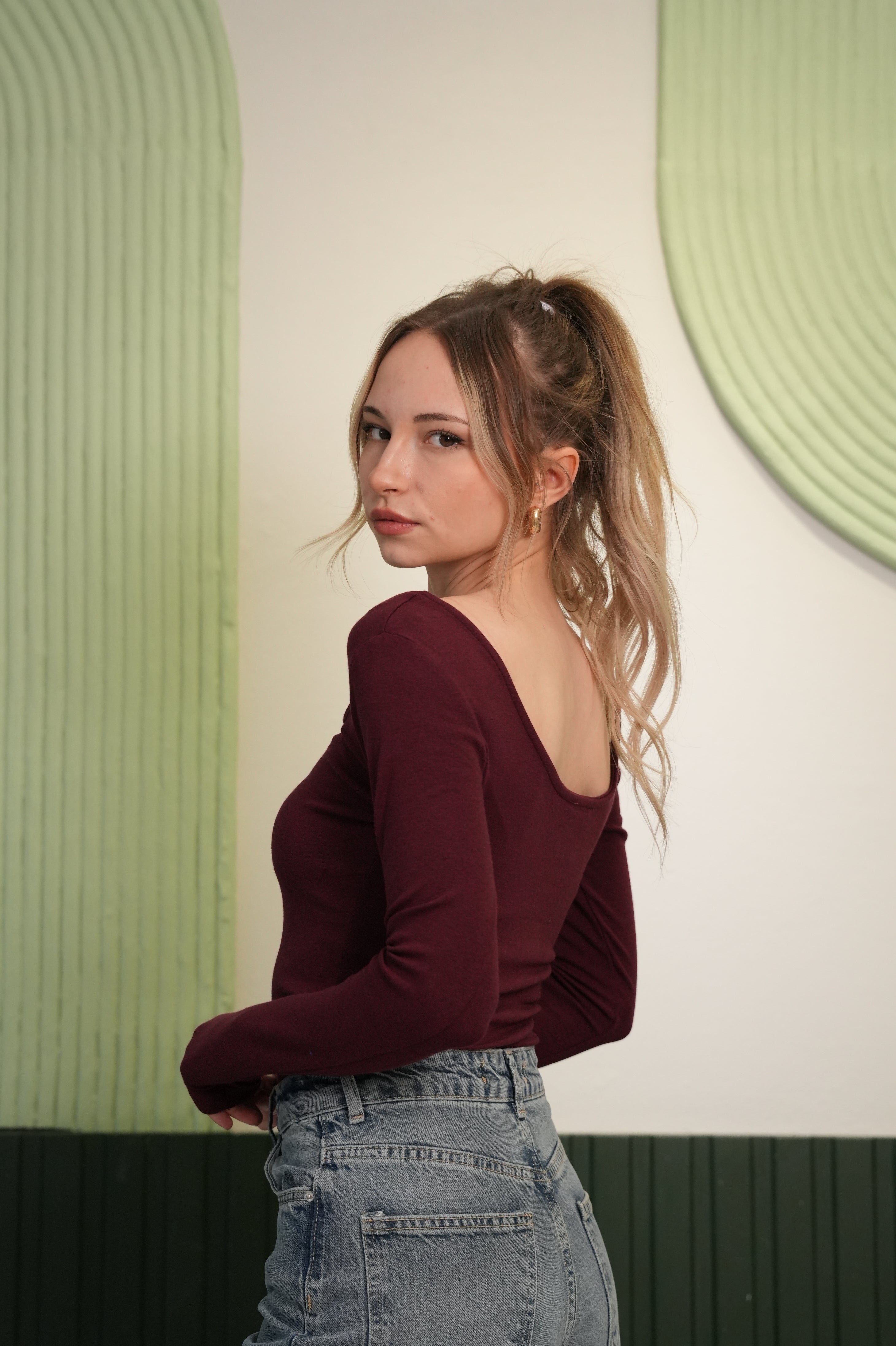 Derin Yaka Uzun Kollu Basic Bluz – Bordo