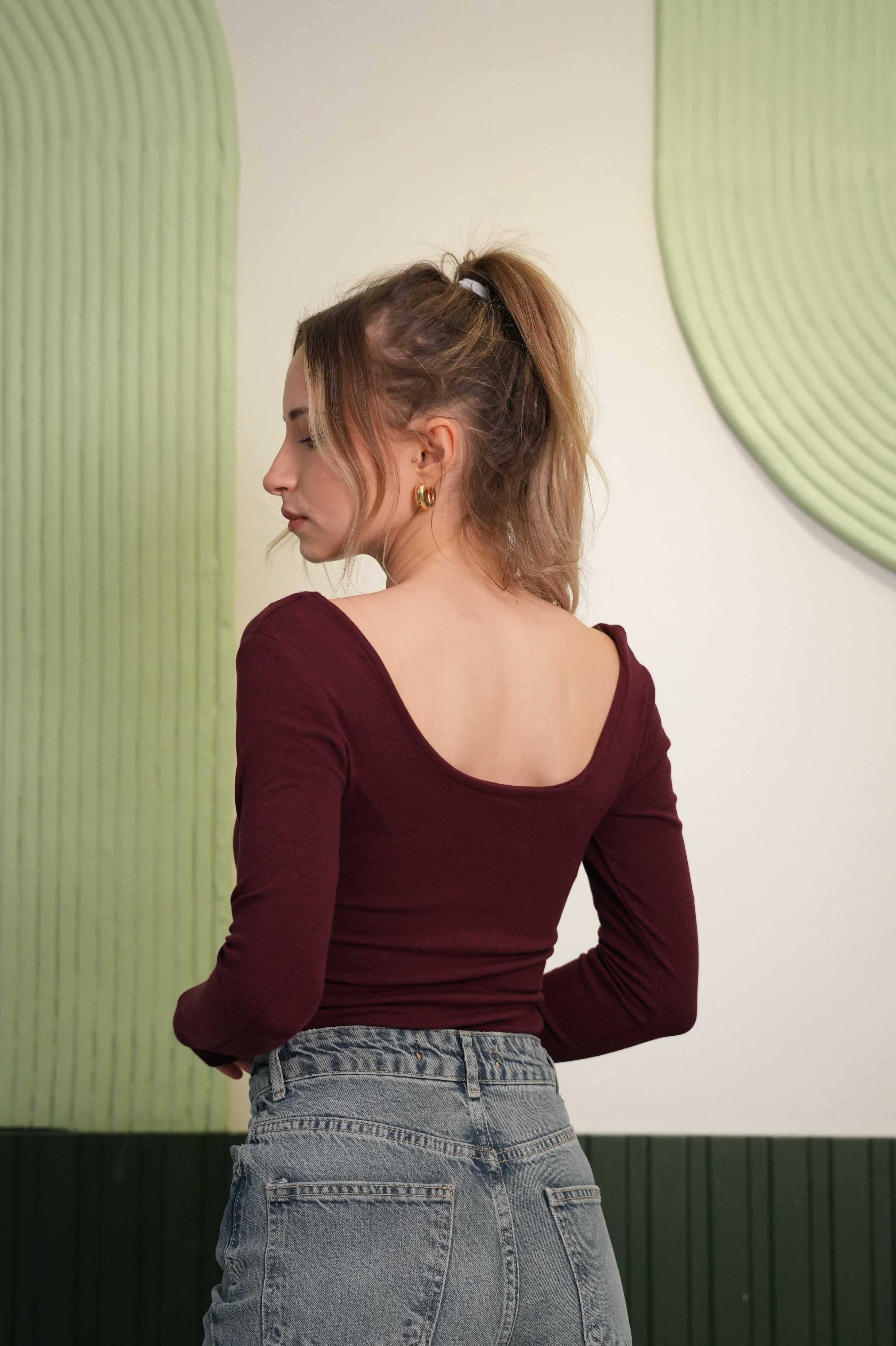 Derin Yaka Uzun Kollu Basic Bluz – Bordo