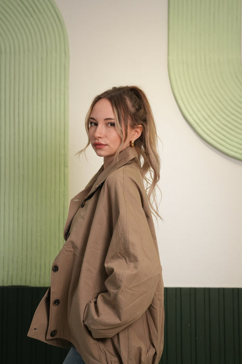 Oversize Düğmeli Bej Mont