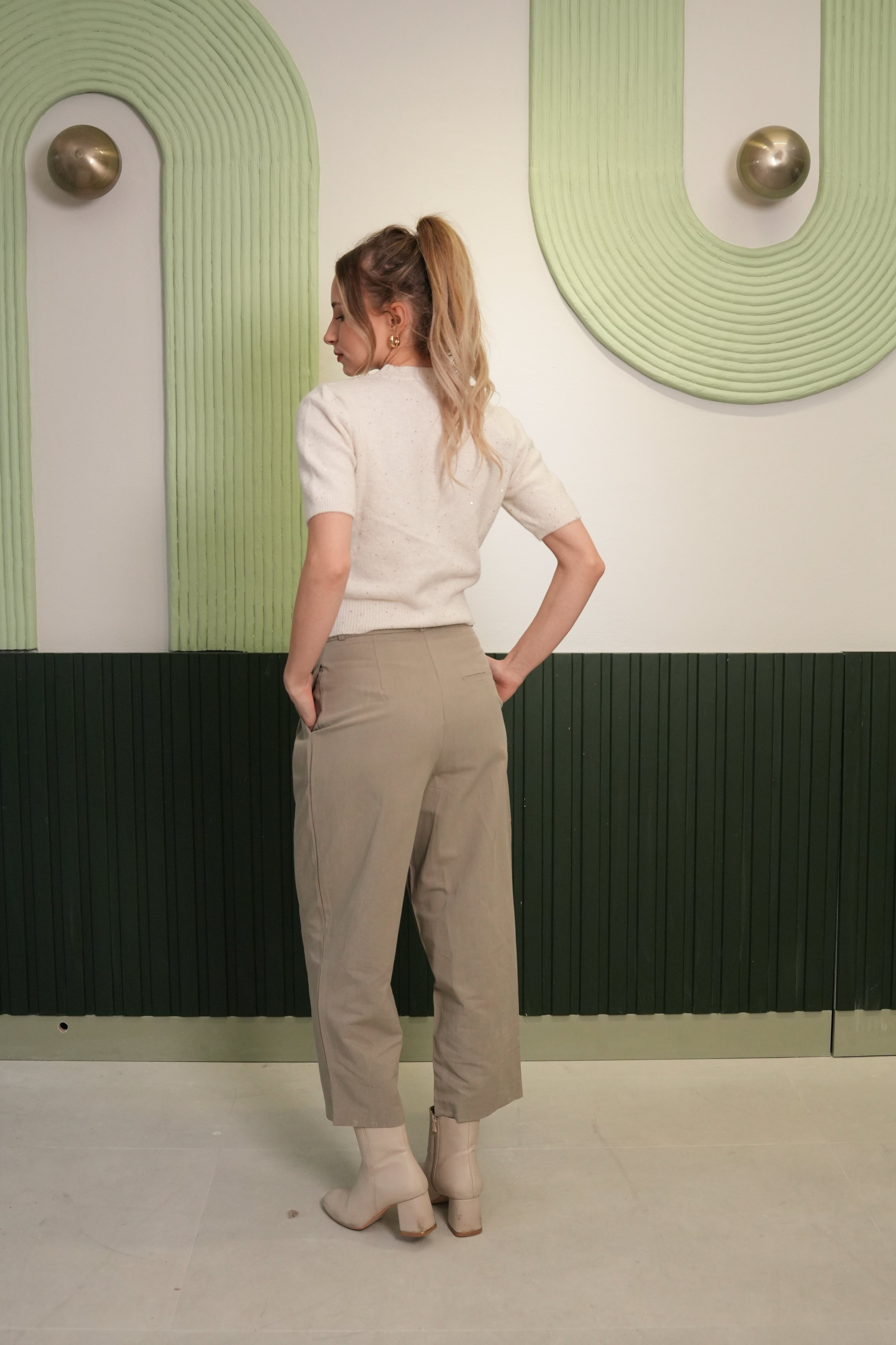 Yüksek Bel Bej Kumaş Pantolon