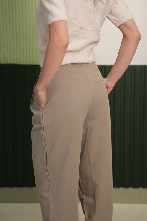 Yüksek Bel Bej Kumaş Pantolon