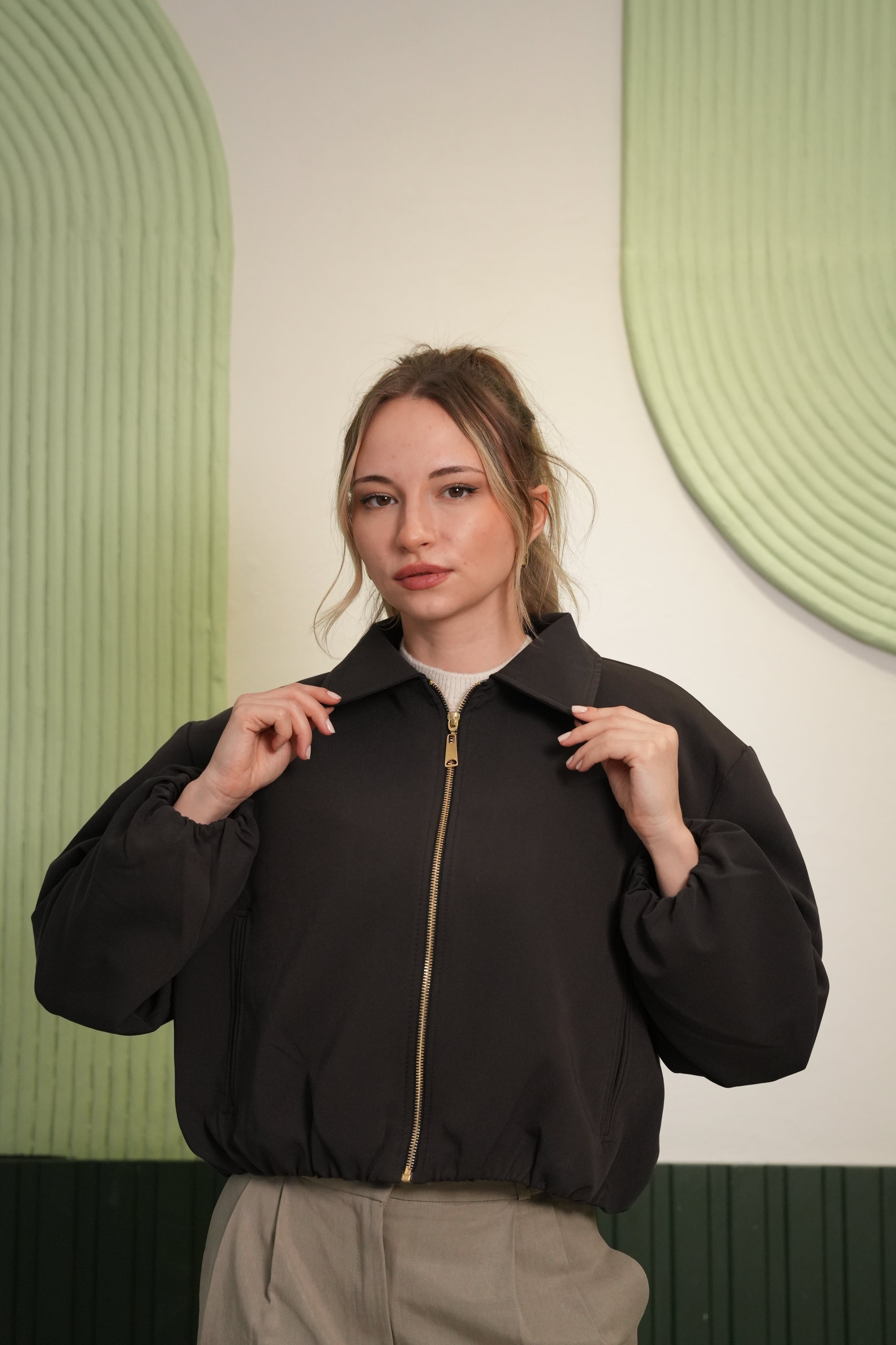 Fermuarlı Oversize Kısa Ceket - Kahverengi