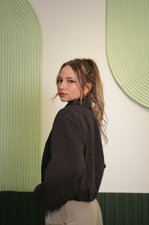 Fermuarlı Oversize Kısa Ceket - Kahverengi