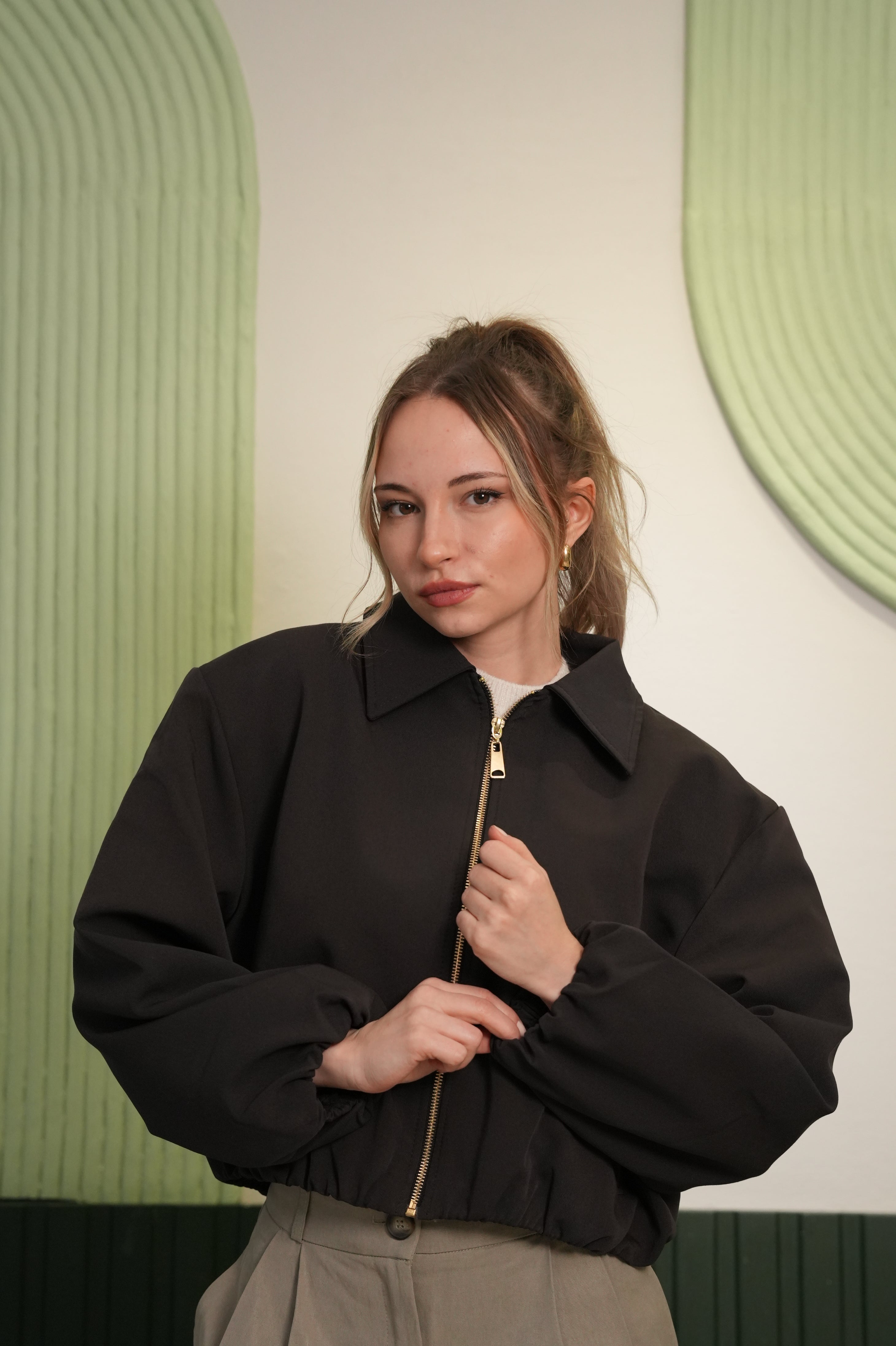 Fermuarlı Oversize Kısa Ceket - Kahverengi