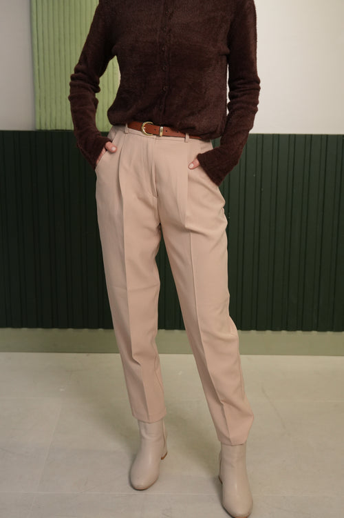 Pile Detaylı Yüksek Bel Kumaş Pantolon – Bej