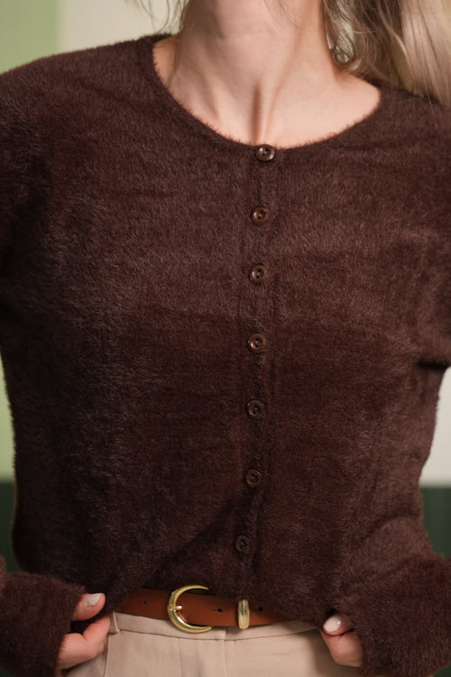 Düğmeli Yumuşak Dokulu Triko Kazak – Kahverengi