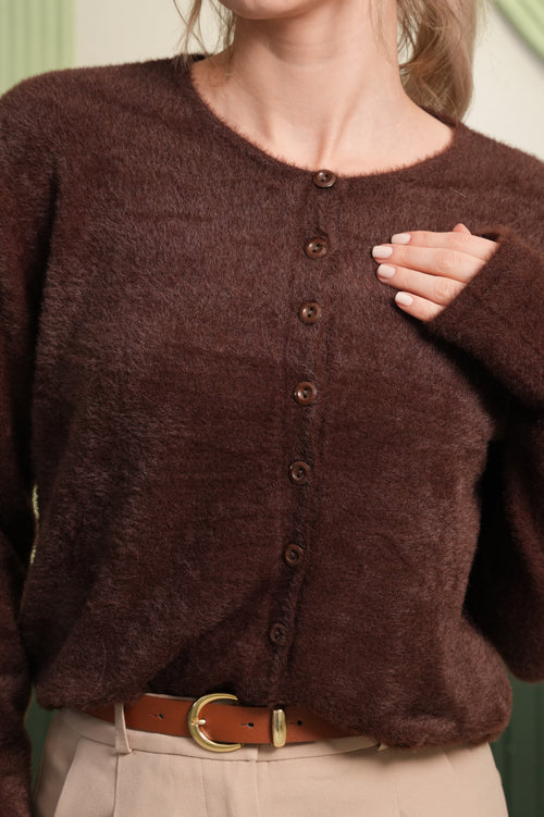 Düğmeli Yumuşak Dokulu Triko Kazak – Kahverengi