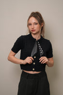 Fular Detaylı Düğmeli Triko Bluz – Siyah