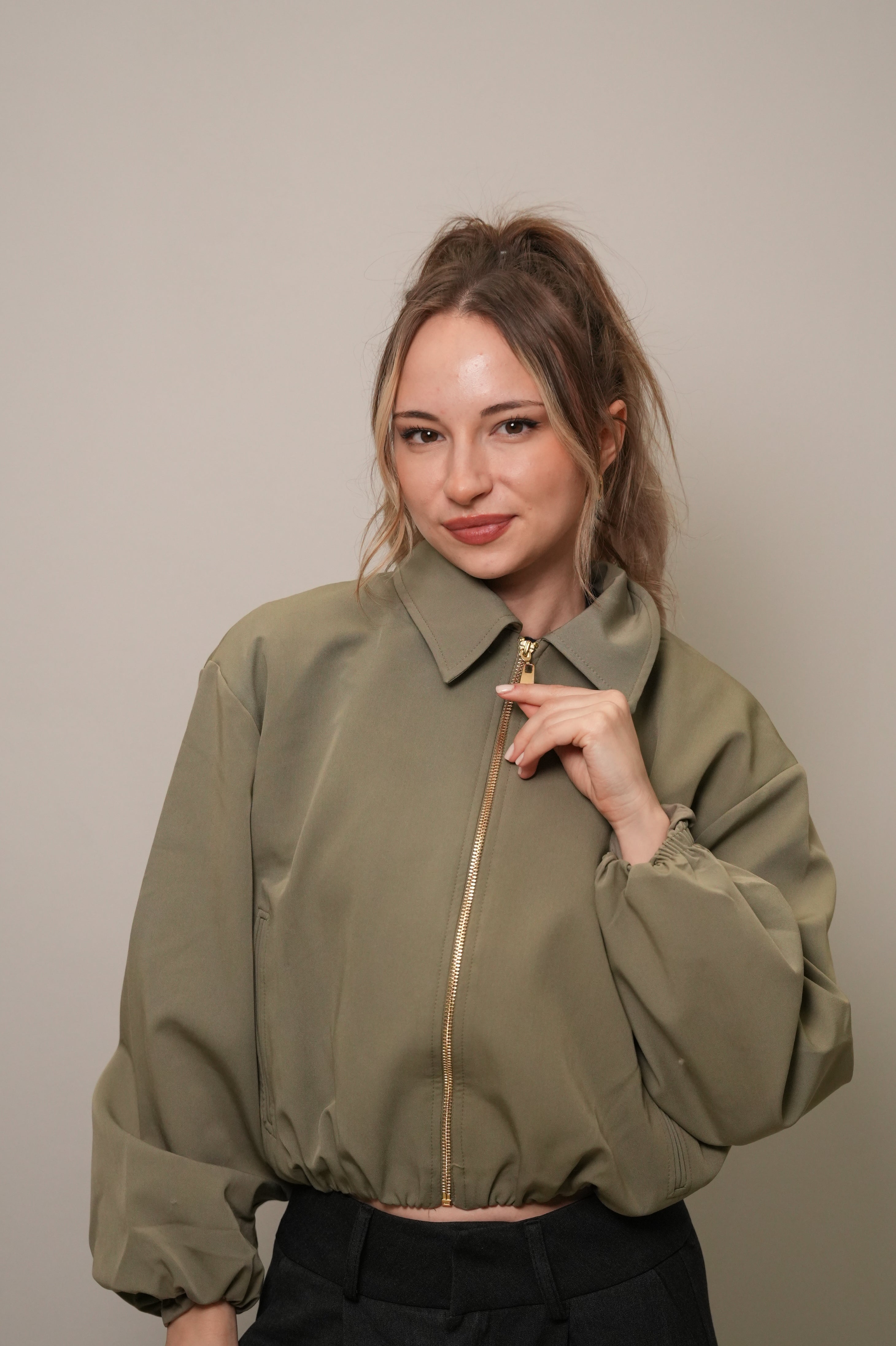 Fermuarlı Crop Bomber Ceket - Haki