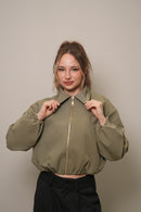 Fermuarlı Crop Bomber Ceket - Haki