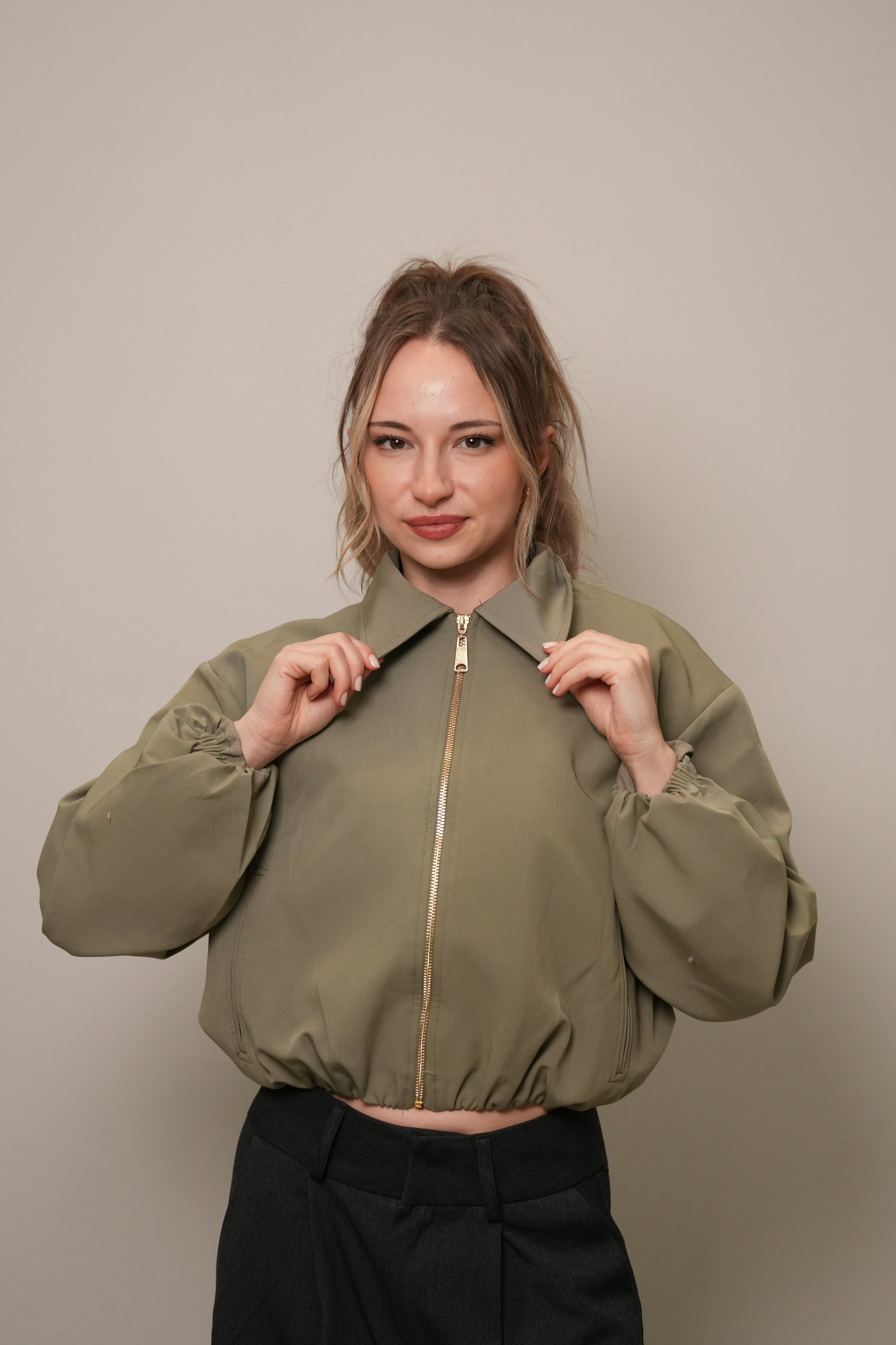 Fermuarlı Crop Bomber Ceket - Haki
