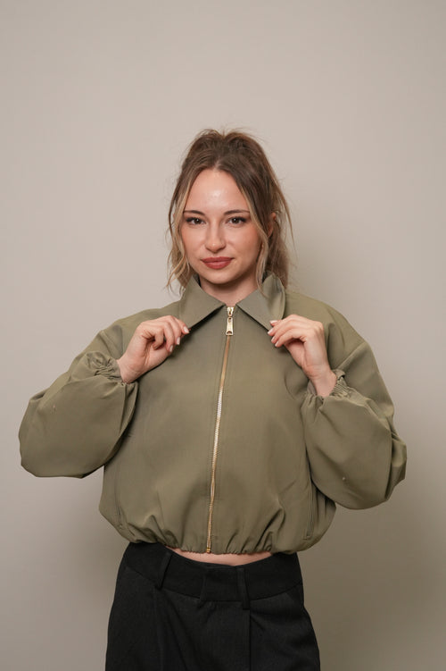 Fermuarlı Crop Bomber Ceket - Haki