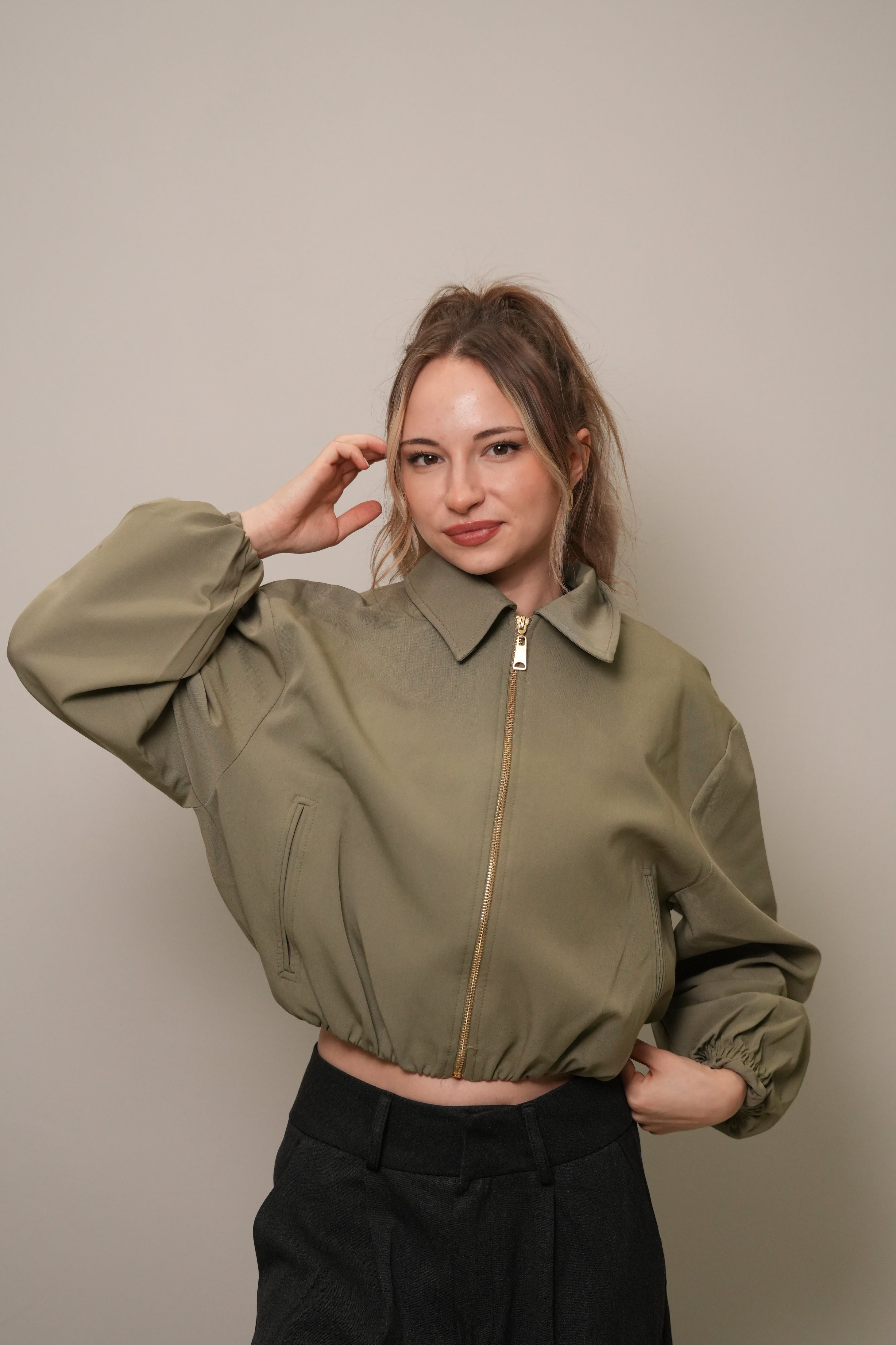 Fermuarlı Crop Bomber Ceket - Haki