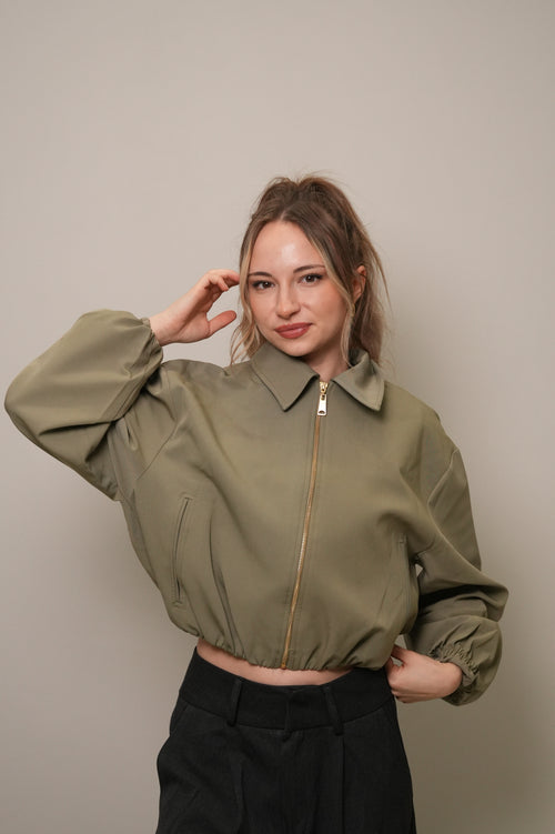 Fermuarlı Crop Bomber Ceket - Haki