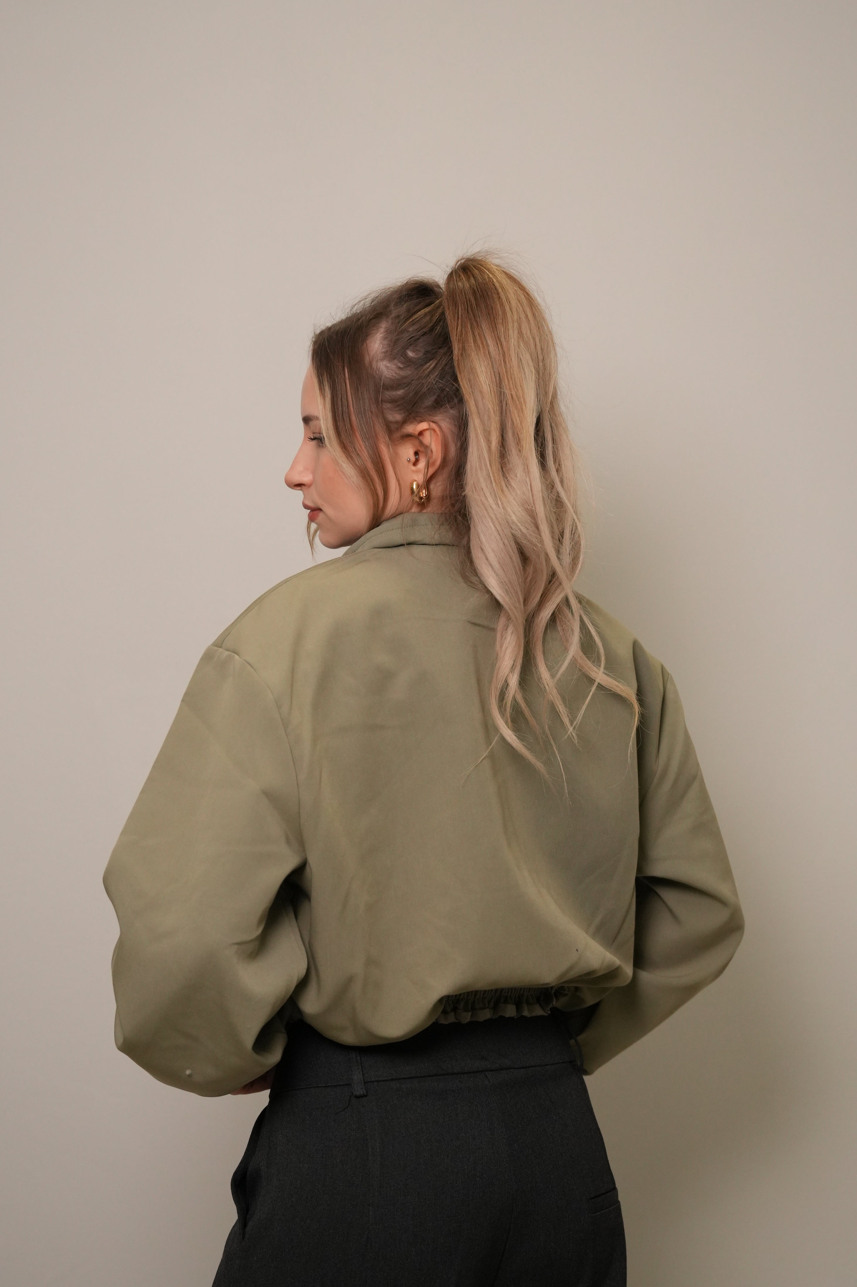 Fermuarlı Crop Bomber Ceket - Haki