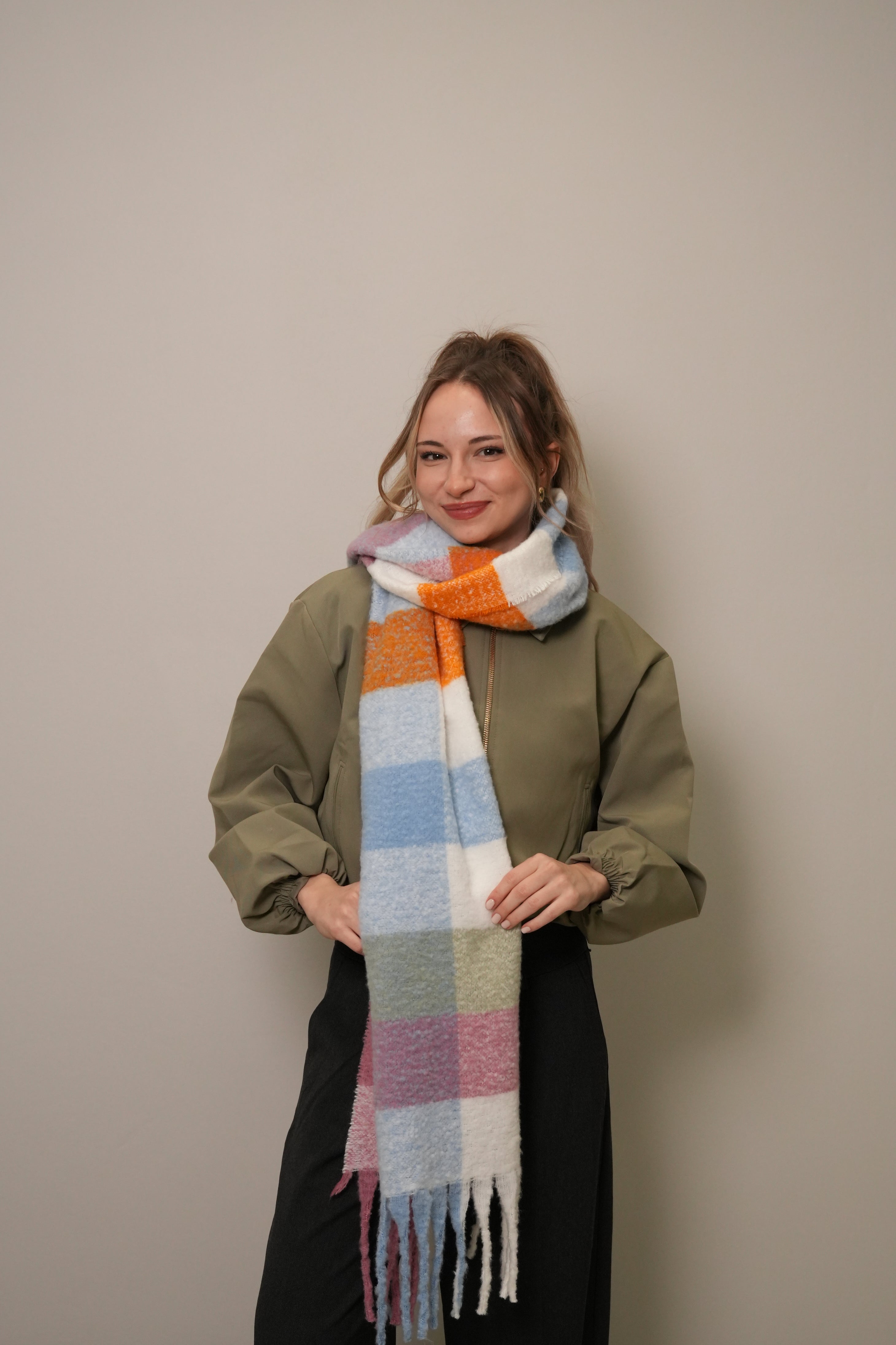 Renk Bloklu Uzun Dokulu Atkı