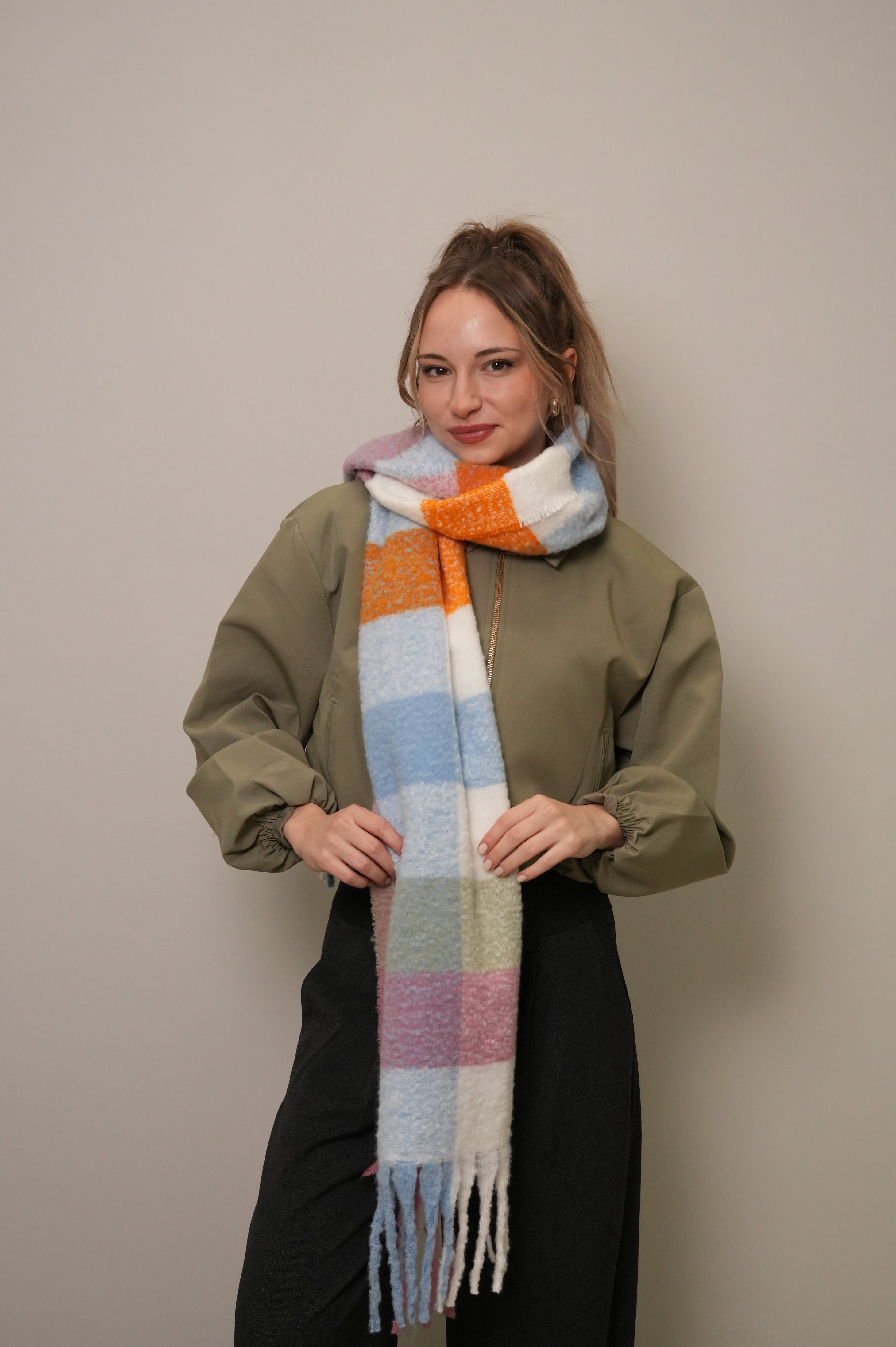 Renk Bloklu Uzun Dokulu Atkı