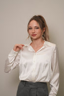 Saten Dokulu Ekru Oversize Gömlek