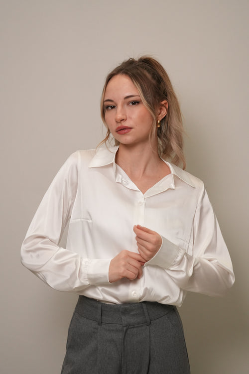 Saten Dokulu Ekru Oversize Gömlek