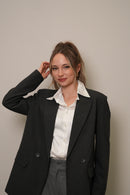 Koyu Ton İnce Çizgili Oversize Blazer Ceket