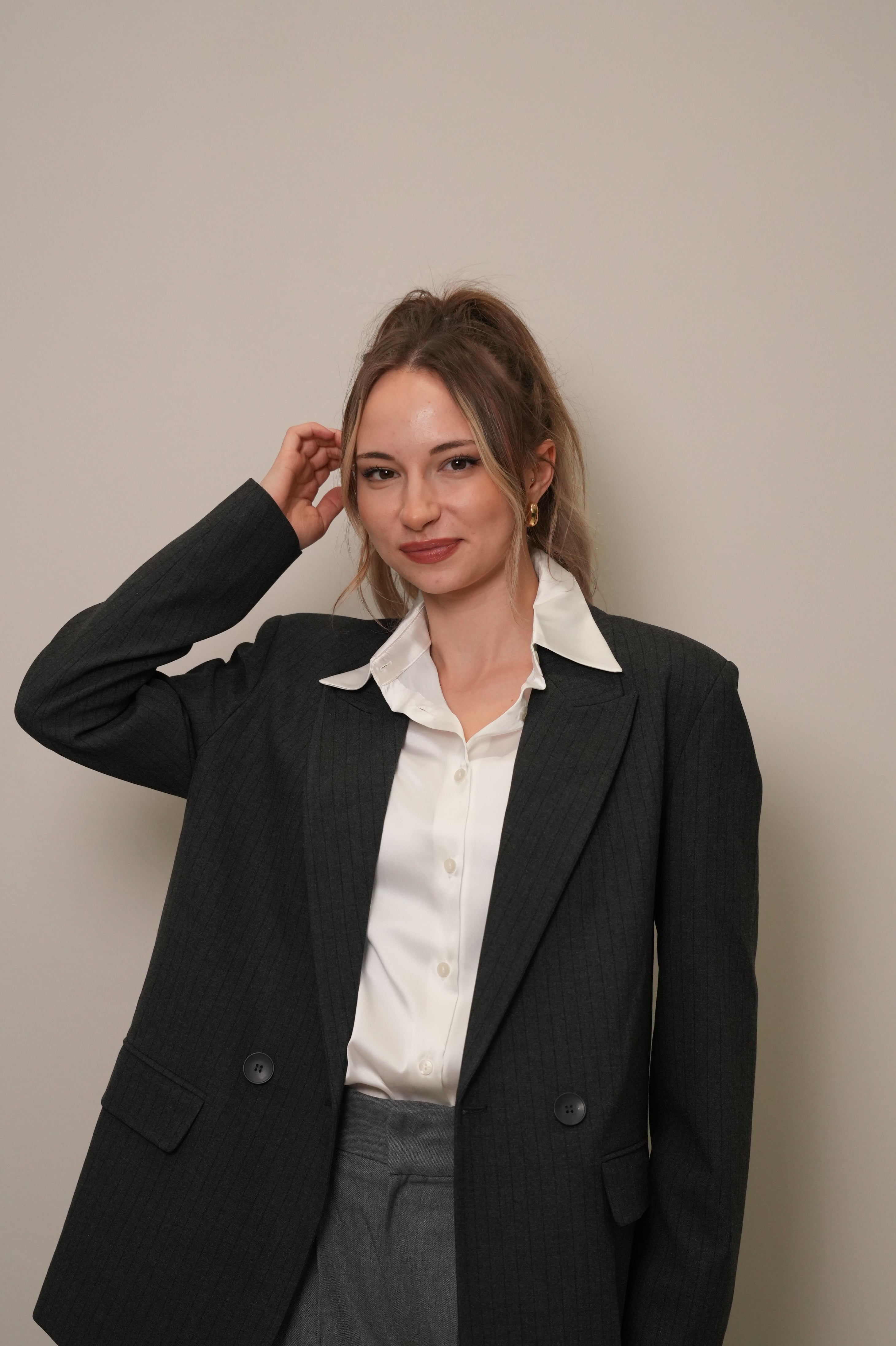 Koyu Ton İnce Çizgili Oversize Blazer Ceket