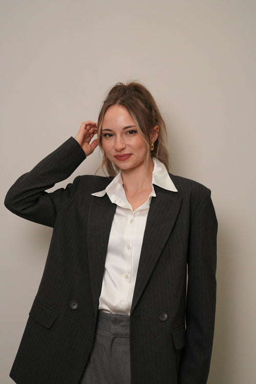 Koyu Ton İnce Çizgili Oversize Blazer Ceket