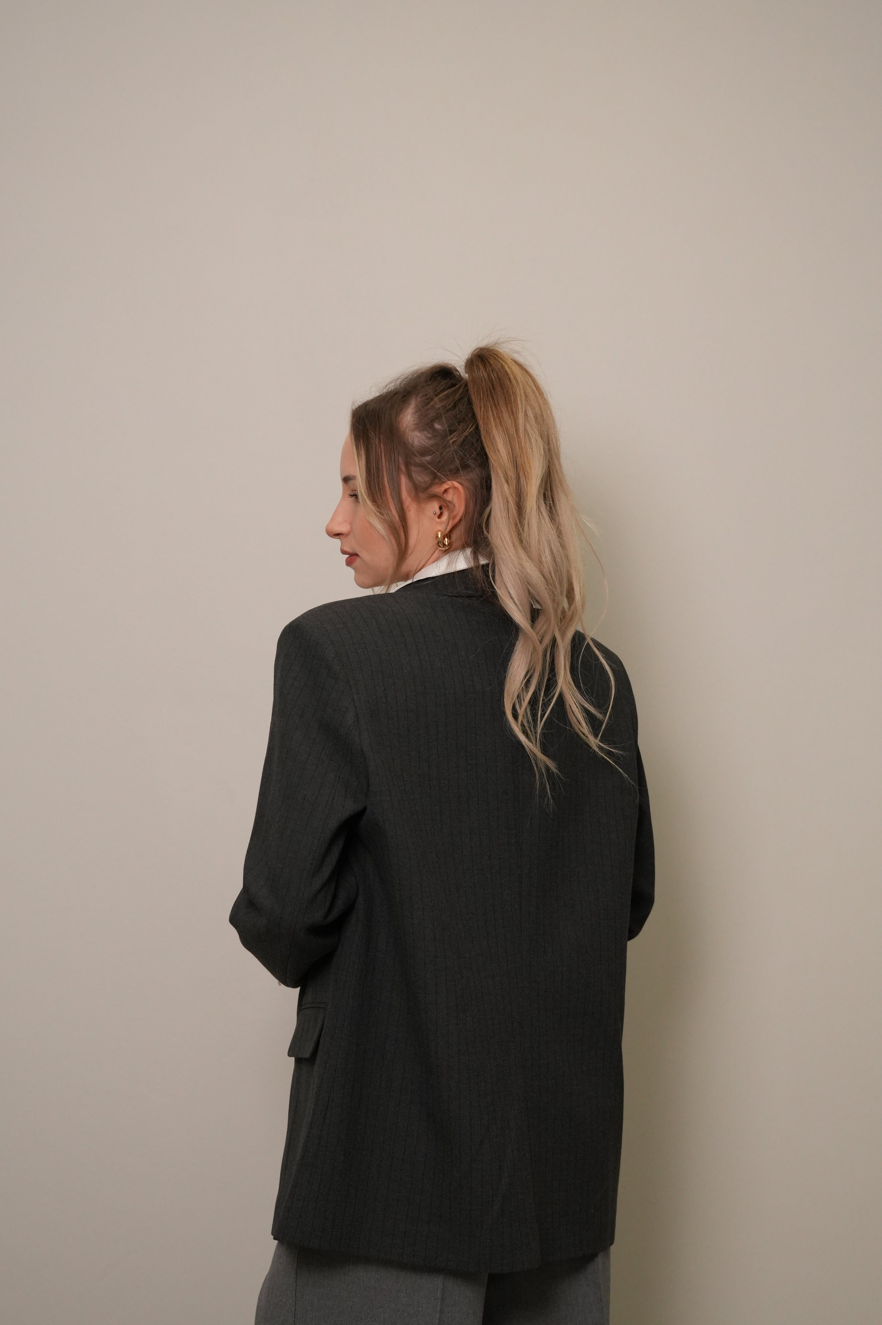 Koyu Ton İnce Çizgili Oversize Blazer Ceket