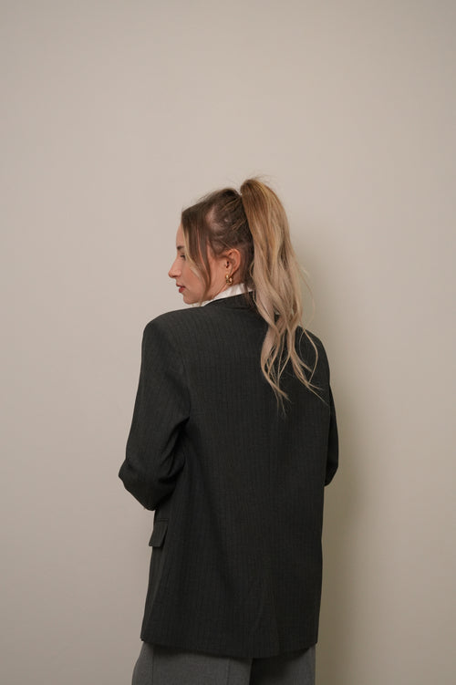 Koyu Ton İnce Çizgili Oversize Blazer Ceket