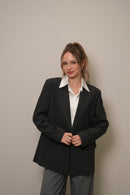 Koyu Ton İnce Çizgili Oversize Blazer Ceket