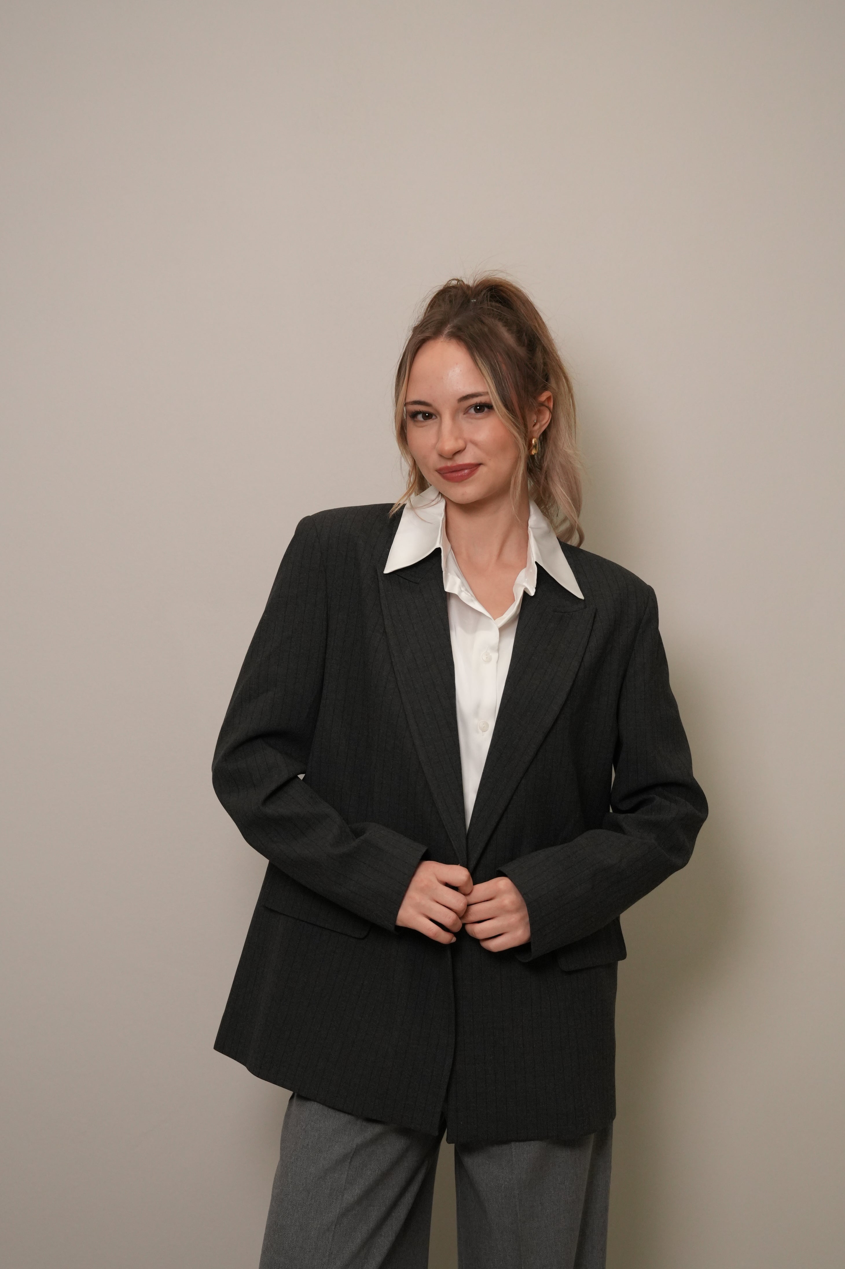 Koyu Ton İnce Çizgili Oversize Blazer Ceket