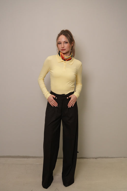 Kadın Sarı Polo Yaka Uzun Kollu Slim Fit Bluz