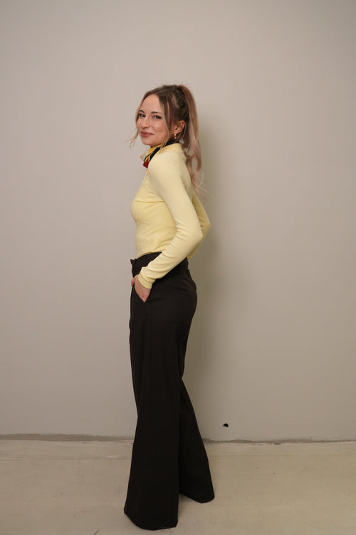 Açık Sarı Polo Yaka Uzun Kollu Basic Bluz