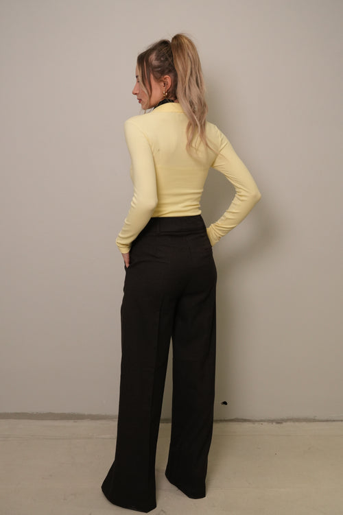 Açık Sarı Polo Yaka Uzun Kollu Basic Bluz