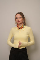 Kadın Sarı Polo Yaka Uzun Kollu Slim Fit Bluz