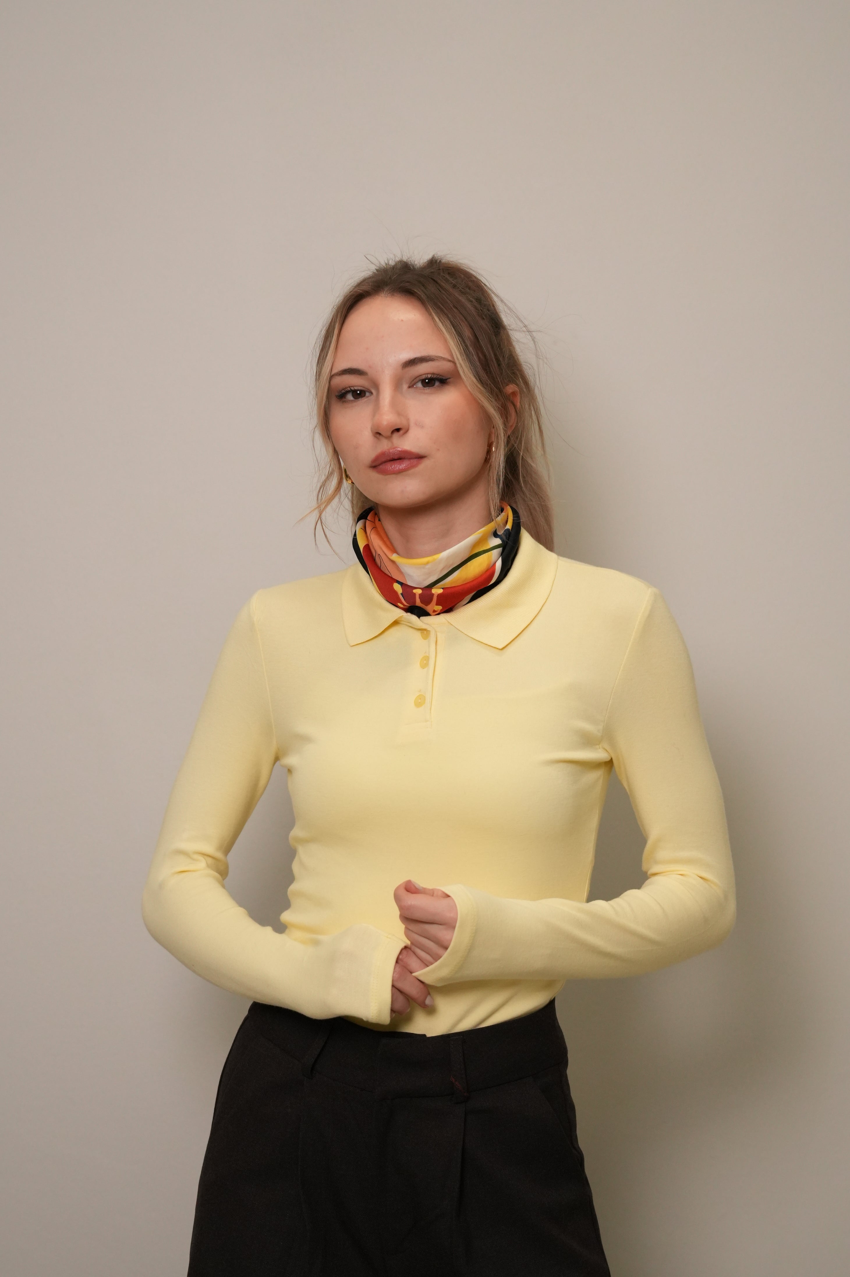 Kadın Sarı Polo Yaka Uzun Kollu Slim Fit Bluz